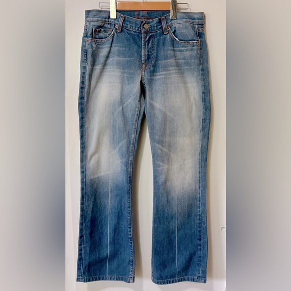 7 For All Mankind| Men's Faded Blue Logo-Patch Designer Straight Jeans Sz 31 - Picture 5 of 6